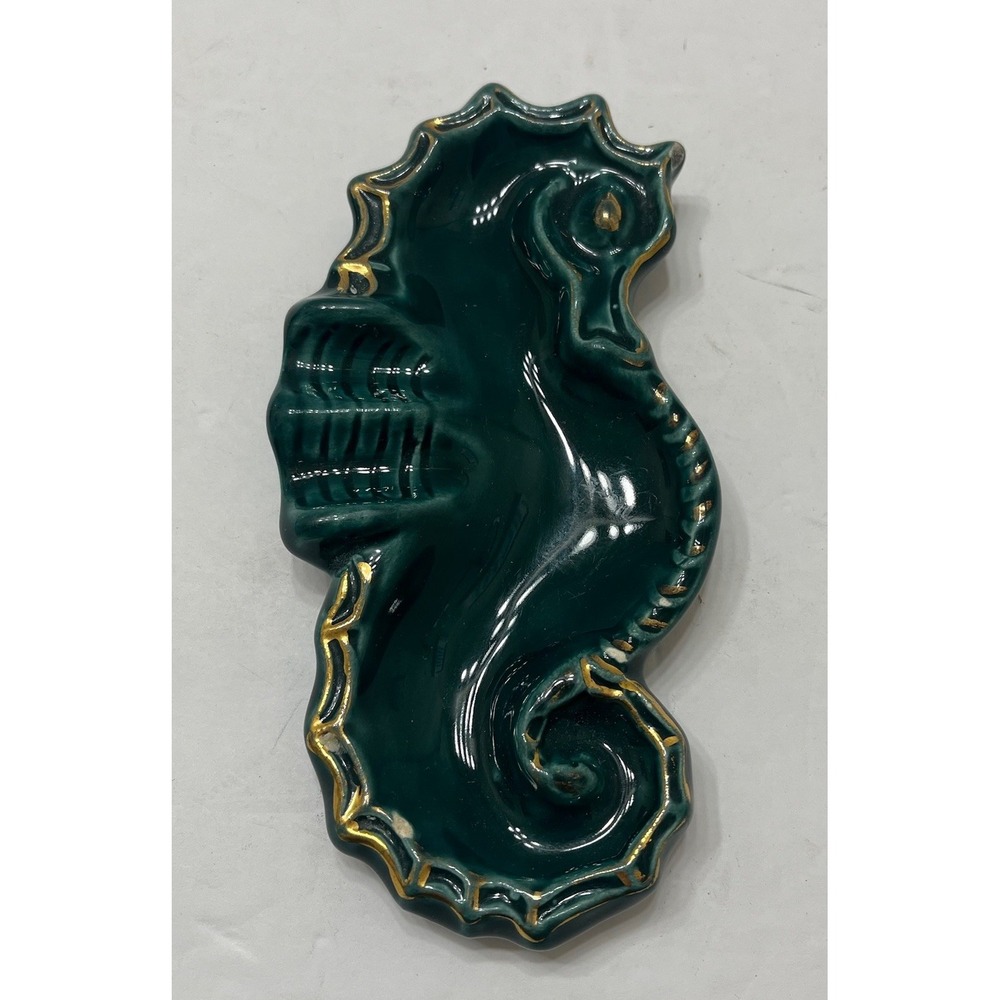 Vintage Dark Teal Seahorse Shaped Trinket Plate Gold Tone Trim 8x4"